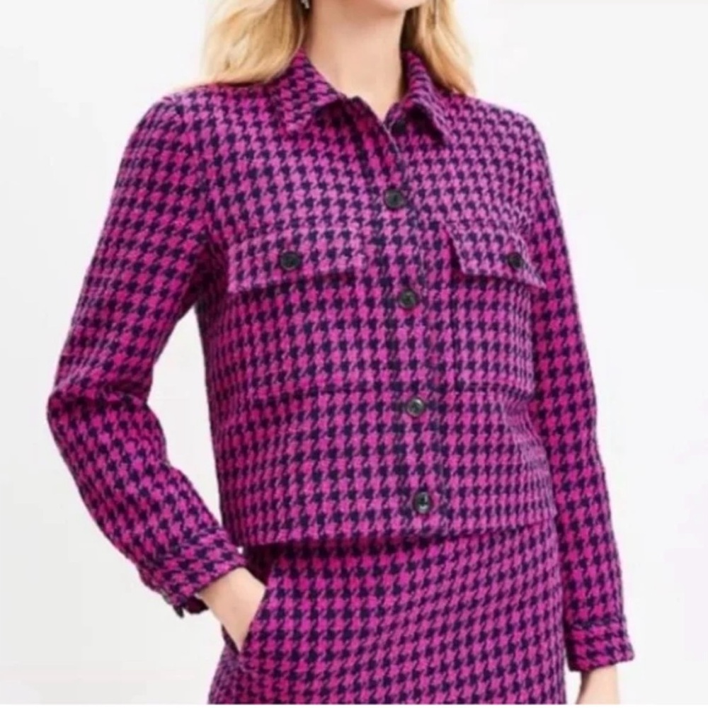 Loft Textured Houndstooth Cropped Jacket Large Pink Navy - Picture 2 of 13
